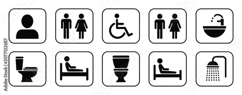 Bathroom restroom icon. toilet, wheelchair accessible, men, women, shower, and sink symbols in black silhouette vector style on transparent background.