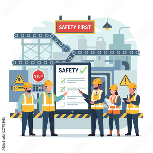 Workplace Safety Meeting with Checklist and Factory Background