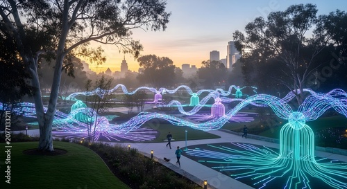Vibrant light art installation illuminating a park at dusk with glowing wavy lines and bell-shaped structures, set against a hazy city skyline.