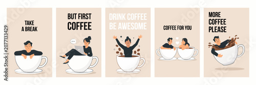 Foto Coffee break poster set with people inside giant cups