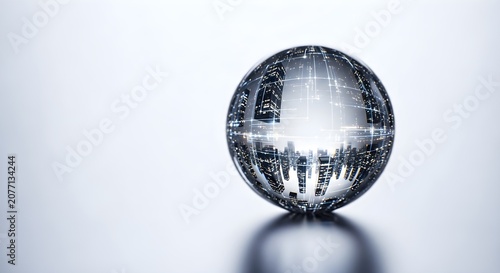 A clear, reflective glass sphere with a detailed cityscape reflected inside, set against a clean, gradient background.