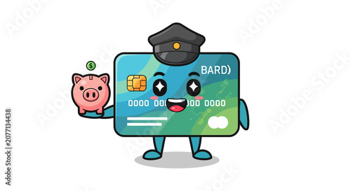 Cute Credit Card Character with Piggy Bank Illustration