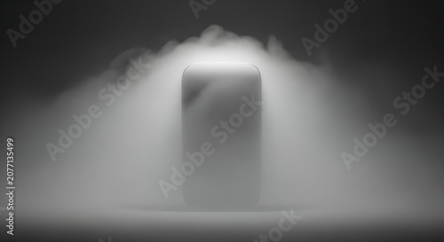Mysterious glowing cube emerges from thick fog in a dark, atmospheric setting, creating an ethereal and intriguing visual.