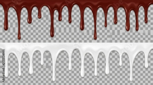 Realistic chocolate dripping effect seamless pattern with white glaze isolated on transparent background
