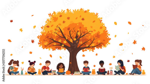 Foto Back to school autumn season concept with multicultural kids reading under yello