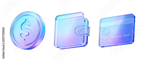 Set 3D Glass digital payment and personal finance icon isolated on transparent background, dollar coin, wallet, and credit card. Transparent Liquid Glass icon