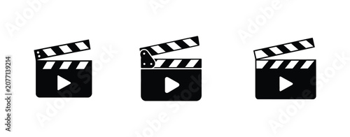Принти на полотні Clapperboard icon set featuring film production, video, and play button symbols for movie editing, cinema, and multimedia design projects