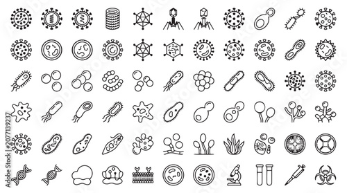 Microbiology and virus hand drawn sketch icon set with bacteria microbiology research infection