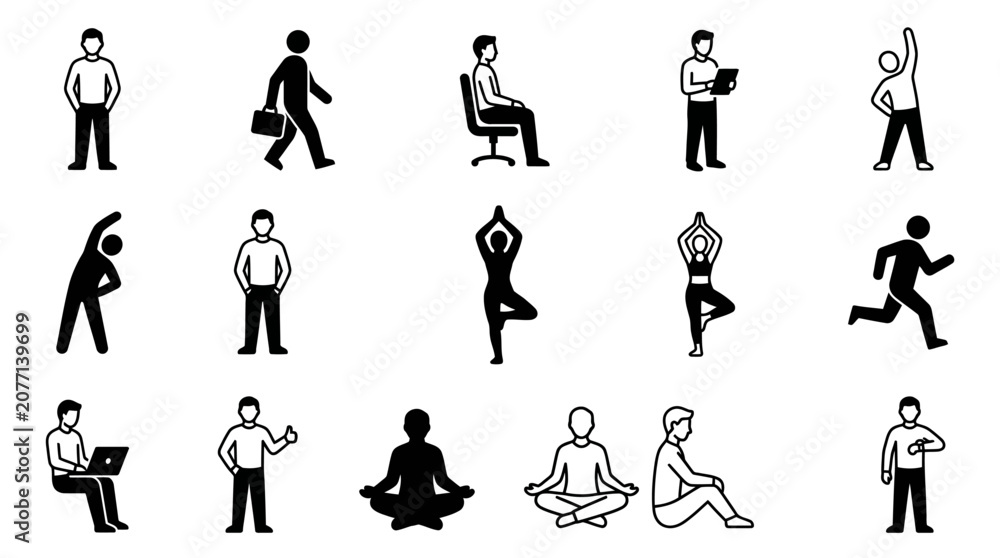 Obraz premium Minimalist Black and White Icons Set Showing Daily Work Exercise and Relaxation Activities with high quality professional line art symbols for modern creative design and digital branding projects