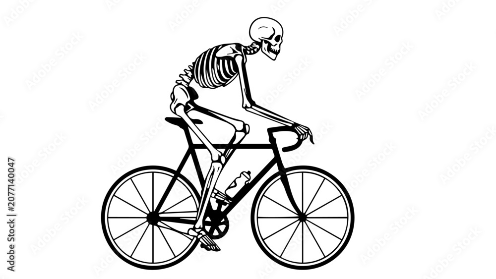 Obraz premium Skeletal Cyclist Riding Bicycle Silhouette in Dark Minimalist Vector Illustration