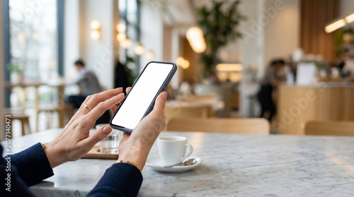 Close-up of woman's hands holding smartphone with blank white screen mockup at marble cafe table, with coffee cup and blurred warm interior background, perfect for app or website display