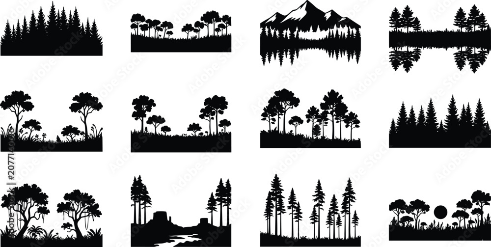 Obraz premium Black Silhouette Forest and Landscape Illustrations Featuring Trees, Mountains, Rivers, and Natural Scenery