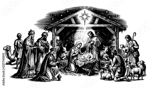 Foto Vintage Christmas Nativity Engraving with Holy Family Religious Vector