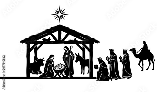 Foto Traditional Christmas Nativity Scene Silhouette with Holy Family Vector EPS