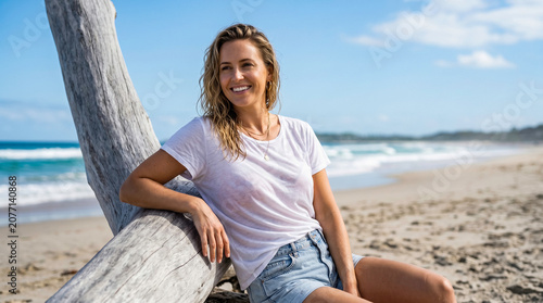 Smiling woman sitting on beach driftwood. Summer vacation lifestyle concept, relaxed and joyful. Perfect for travel, wellness, and holiday advertising campaigns.