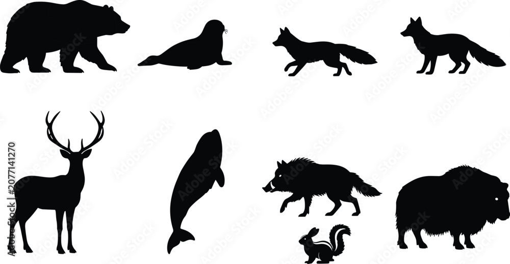 Obraz premium Black Silhouettes of Diverse Wild Animals Including Bear, Deer, Whale, Wolf, Fox, and Musk Ox