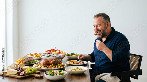 Cheerful mature man eating an extravagant gourmet buffet alone at a wooden table. Highlights themes of gluttony, celebration, large appetite, and culinary enjoyment in a clean minimalist white setting
