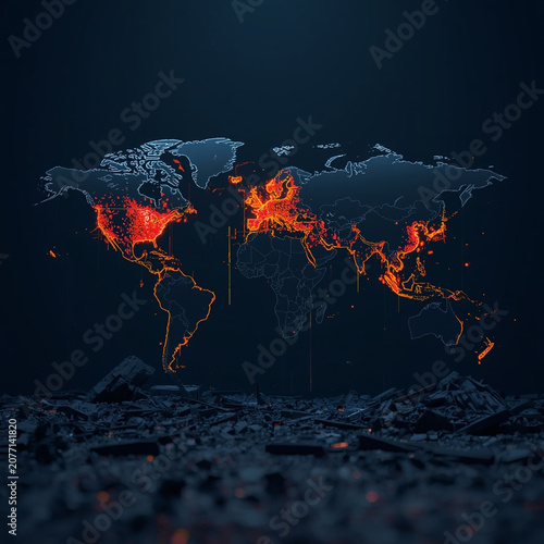 Digital world map with glowing red seismic hotspots and yellow earthquake fault lines, generative AI
