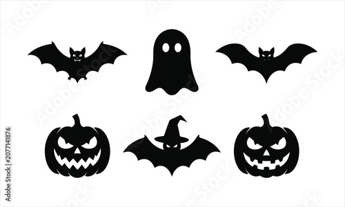 Happy halloween silhouette icons set bats ghost pumpkins