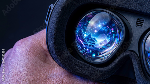Close up of a human hand holding a virtual reality headset. The lens reflects a glowing futuristic neon cyber landscape. Perfect for sci-fi, and immersive digital technology concepts.
