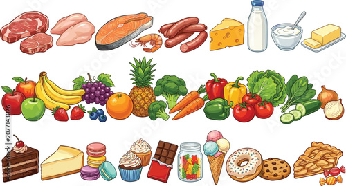 Foto Healthy Food Groups and Sweet Desserts Vector Set with Meat Dairy Products Fresh