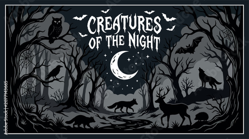 Helloween inspired creatures of the night graphic gothic forest with wolves owls and deer
