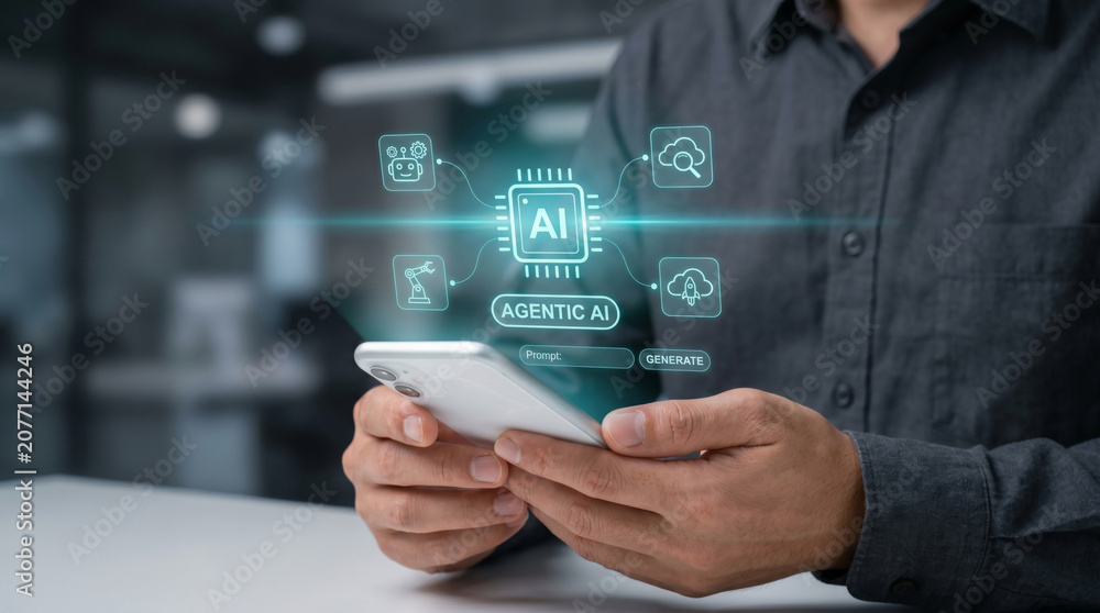 Obraz premium Artificial intelligence workflow agentic concept digital agentic ai interface glowing icon. Management system analysis process. artificial intelligence automation, robot technology