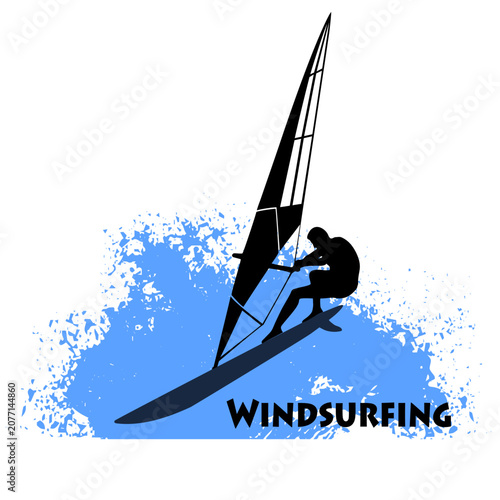 Vector illustration of a windsurfer riding a wave