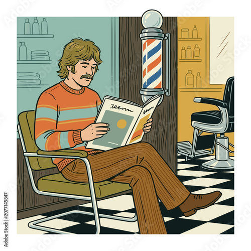Retro vector illustration of a man with a mustache sitting in a waiting chair reading a magazine inside a vintage barbershop with a barber pole and checkered floor pattern.