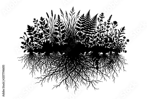 Silhouette of Various Garden Plants and Wildflowers with Detailed Underground Root Systems