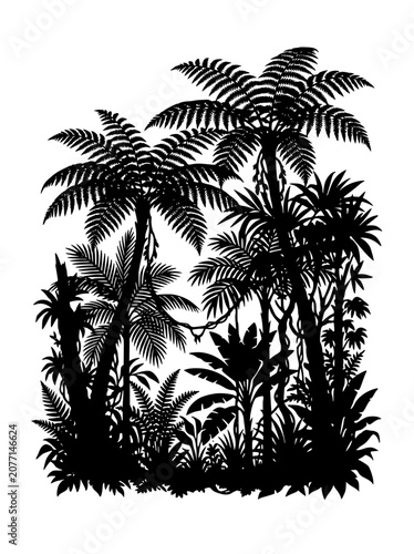 Tropical Jungle Silhouette with Palm Trees and Ferns on White Background