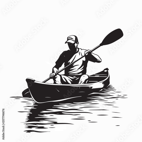 Fotografie Man Rowing Wooden Boat on Lake Silhouette Vector