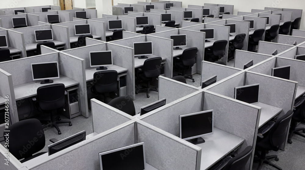 Obraz premium Large Maze Of Grey Fabric Cubicle Walls Contains Black Swivel Chairs And Blank Computer Screens