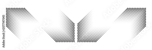 A collection of speed lines in a triangle shape. Halftone dashed speed lines. Abstract geometric triangles with radial lines. Design element for logos, prints, templates, or posters. Vector illustrati