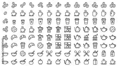 Black outline collection of coffee, bakery and kitchen icons in a grid for UI design, cafe branding, apps, and menu illustrations