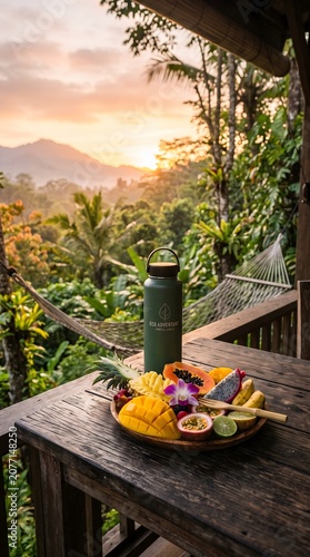 Tropical Fruit Platter and Flask on Balcony with Jungle Sunrise View