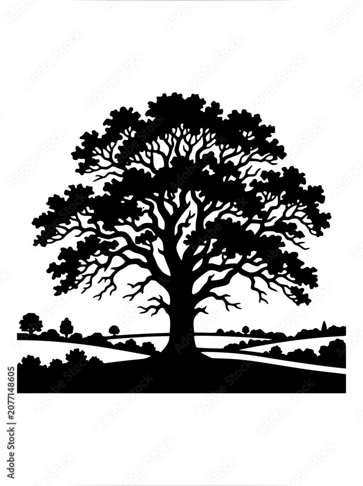Fototapeta premium Large oak tree silhouette in a rolling countryside landscape black and white