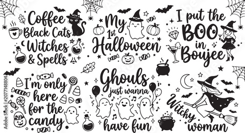 Bild auf Leinwand Halloween themed phrases and illustrations on with witchy elements and spooky de