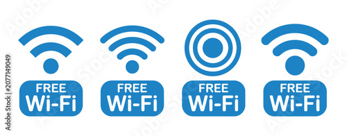 Free Wi Fi icon set featuring wireless connection, hotspot, internet access, and network point symbols for web, mobile, and public service design.