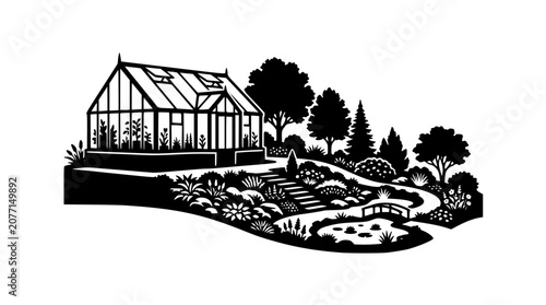 Greenhouse in a Beautiful Garden Landscape Black and White Silhouette
