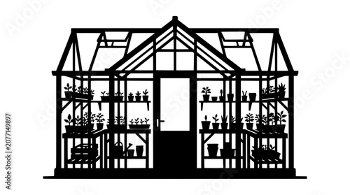 Greenhouse Silhouette with Potted Plants and Gardening Supplies Illustration