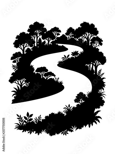 Winding Forest Path Silhouette Landscape Illustration