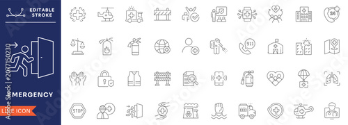 Obraz na plátne Emergency Line Icons Set with First Aid Medical Rescue Healthcare Ambulance Safety Disaster Response Crisis Protection