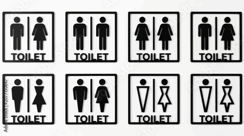 Collection of restroom and toilet signs featuring male, female, and gender-neutral silhouettes in a grid layout for wayfinding and accessibility signage