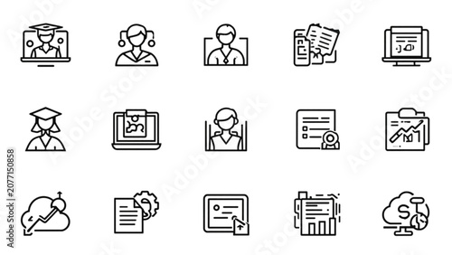 Cuadro en lienzo Online education and digital business management line icons set for distance lea