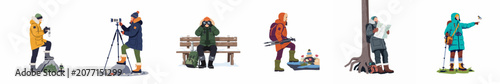 Φωτογραφία Vector illustration set of people in winter gear enjoying outdoor activities like photography, birdwatching, and hiking in nature
