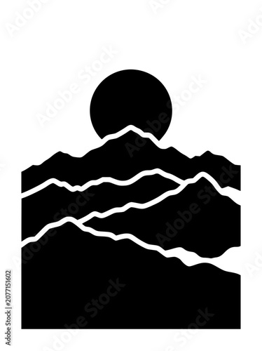 Minimalist Black and White Mountain Silhouette with Large Sun Moon