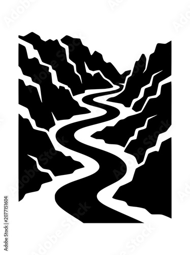 Minimalist black and white silhouette of a winding river through a deep canyon