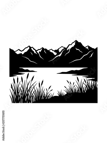 Mountain Landscape Silhouette with Lake and Cattails Illustration