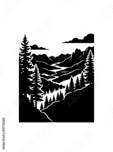 Mountain Landscape with Pine Trees and River Black and White Vector